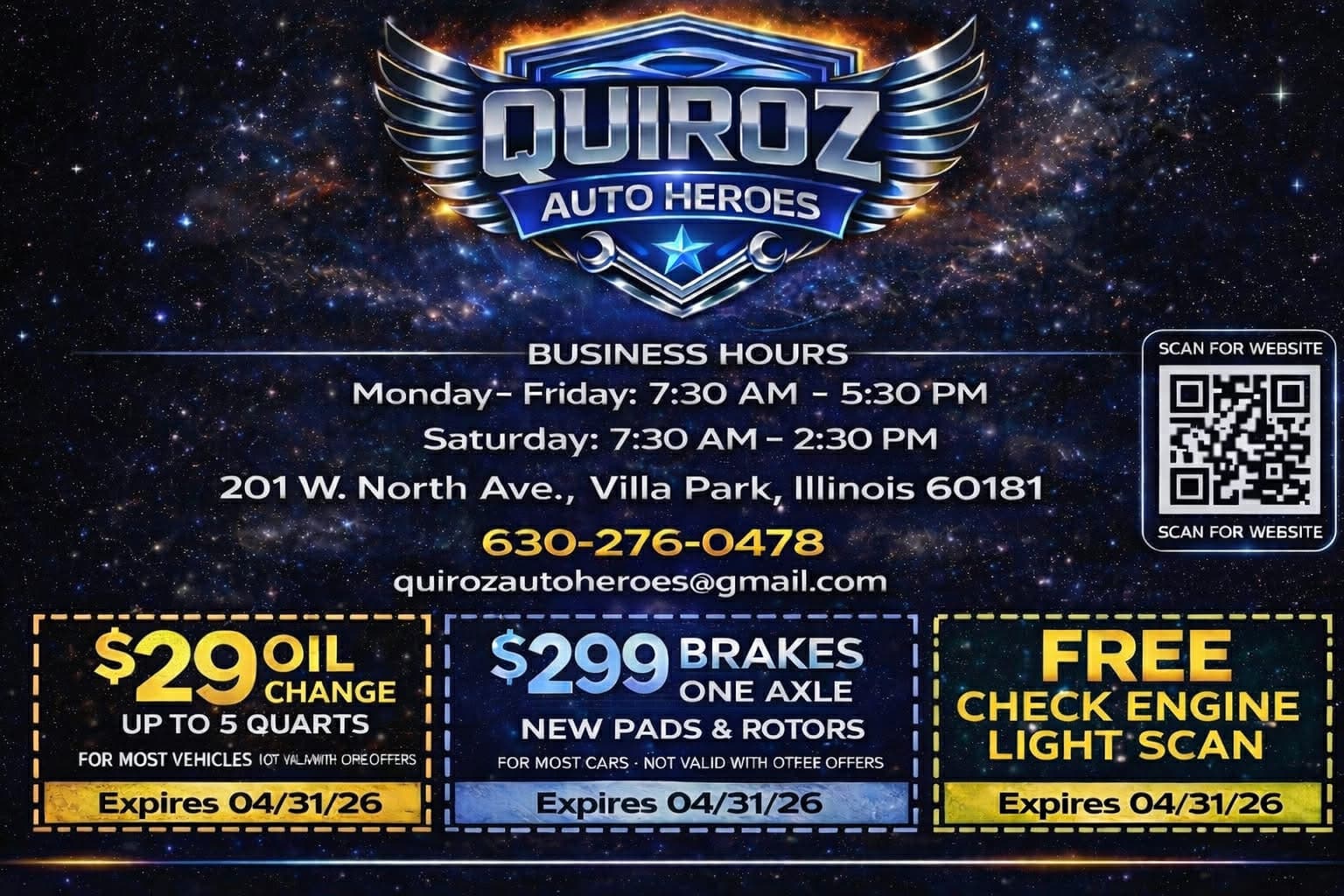 Quiroz Auto Heroes Promotion - $29 Oil Change, $299 Brakes, Free Check Engine Light Scan